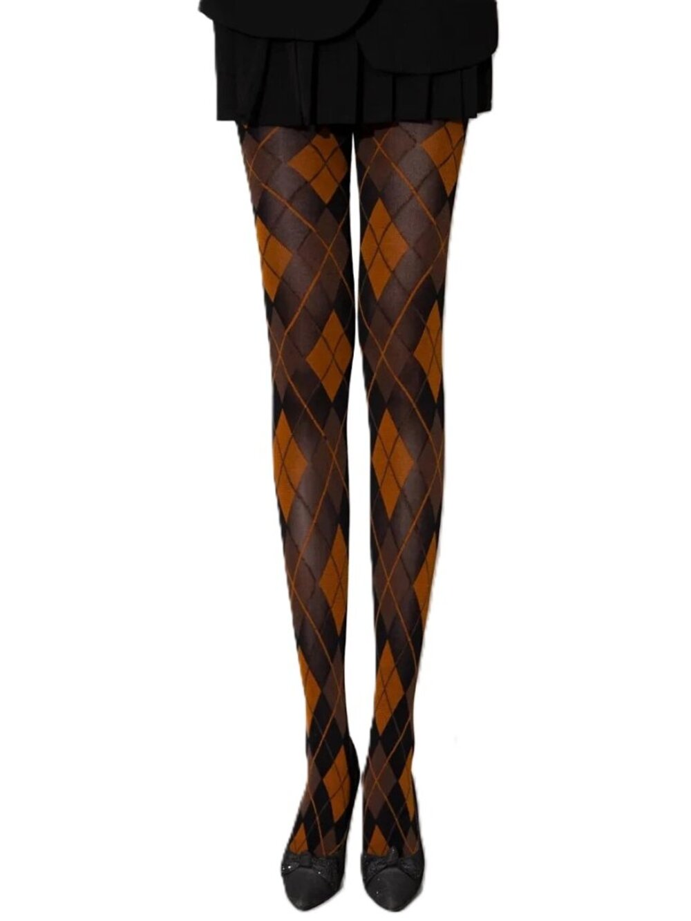 Women's Argyle Check Diamond Tartan Plaid Orange Brown Black Tights Pantyhose